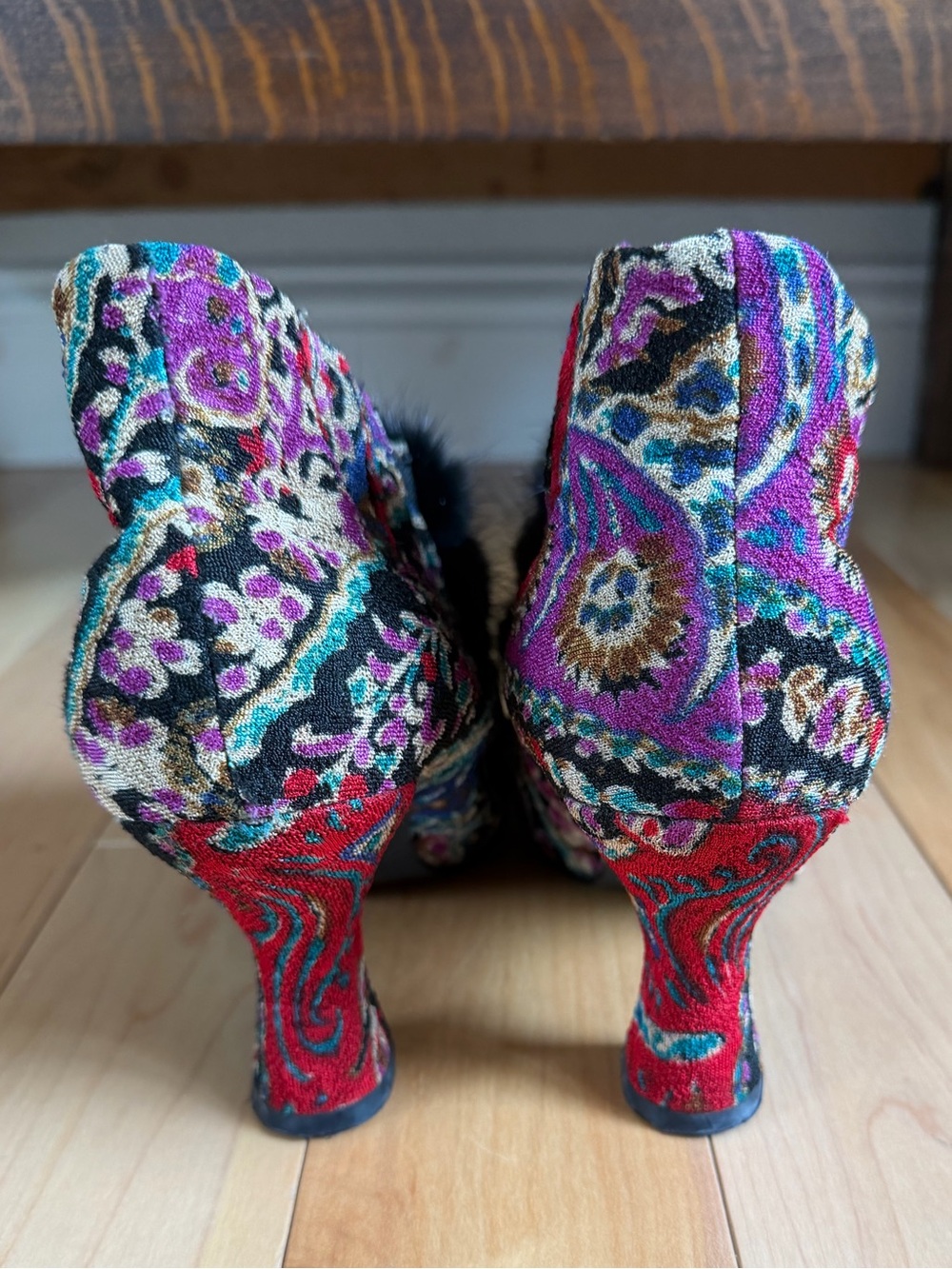 Baci Baroque Revival Tapestry Booties Black Fur Trim Vintage Inspired Shoes, 8 - Picture 7 of 14